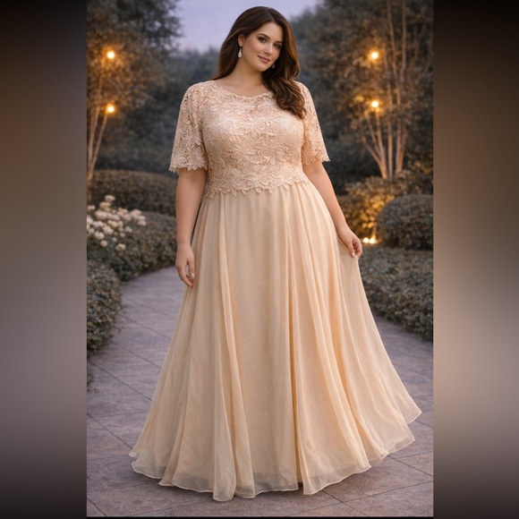 t.n.b Dresses & Skirts - Plus Size Lace Bodice elbow length sleeve Maxi Dress in Blush Peach
